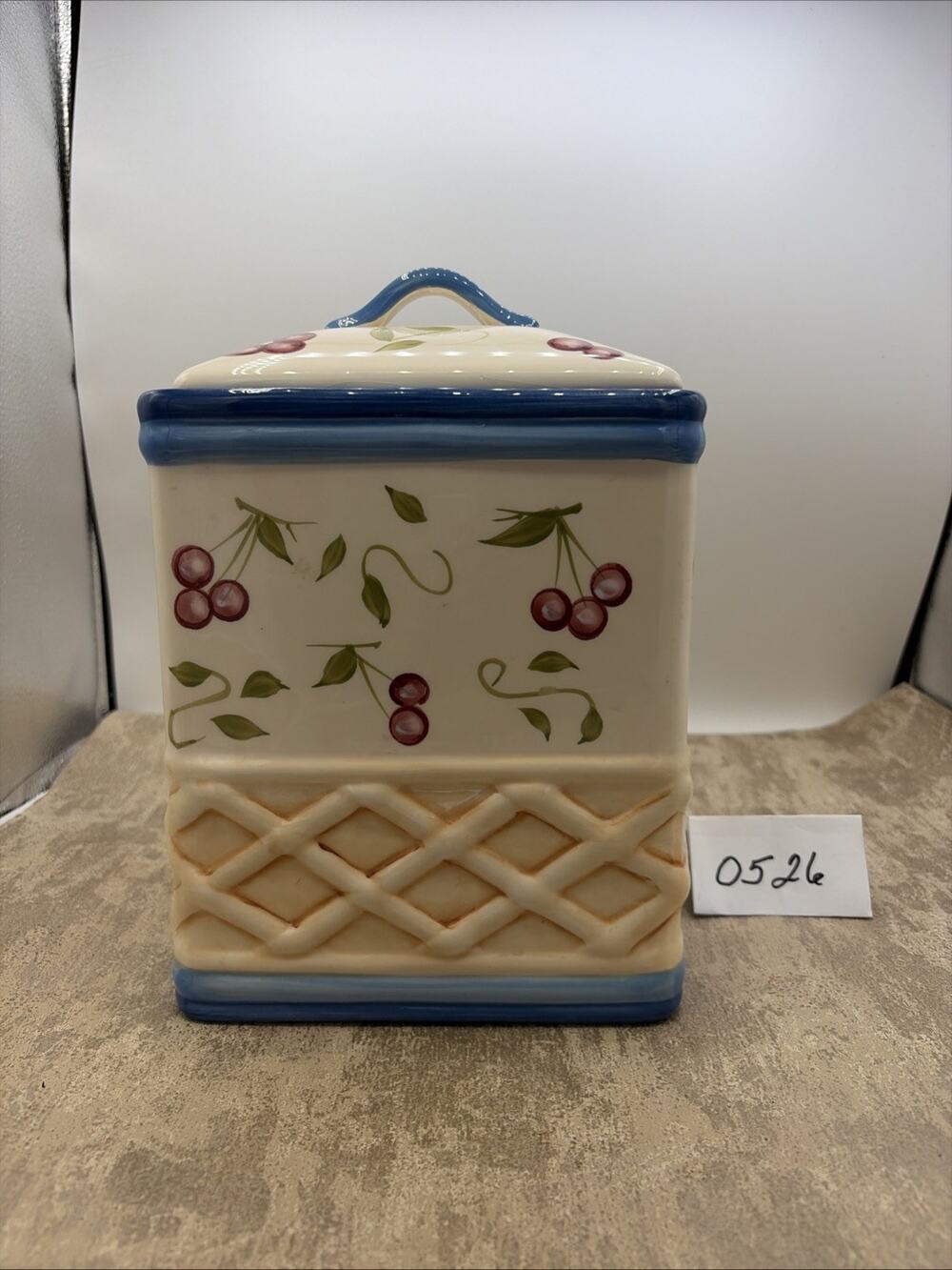Large Inspirado Square Hand Painted BISCOTTI COOKIE JAR Cherry Basket Weave